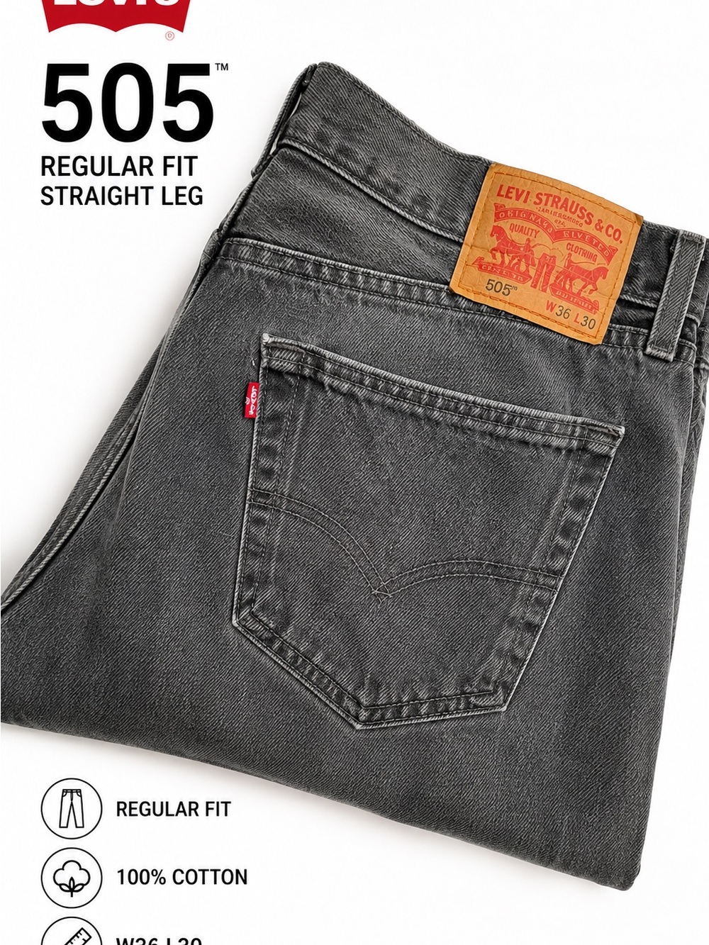 Levi’s 505 Men’s Jeans 36x30 Regular Fit Straight Leg Black Gray Denim